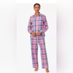 Lauren Ralph Women Pink Plaid Print Long Sleeve Brushed Twill Pajama Set Large